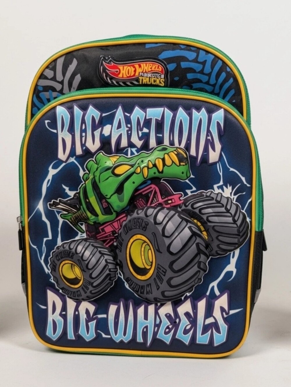 Hot Wheels Kids Green Monster Truck Backpack - Big Wheels Design New No Tag